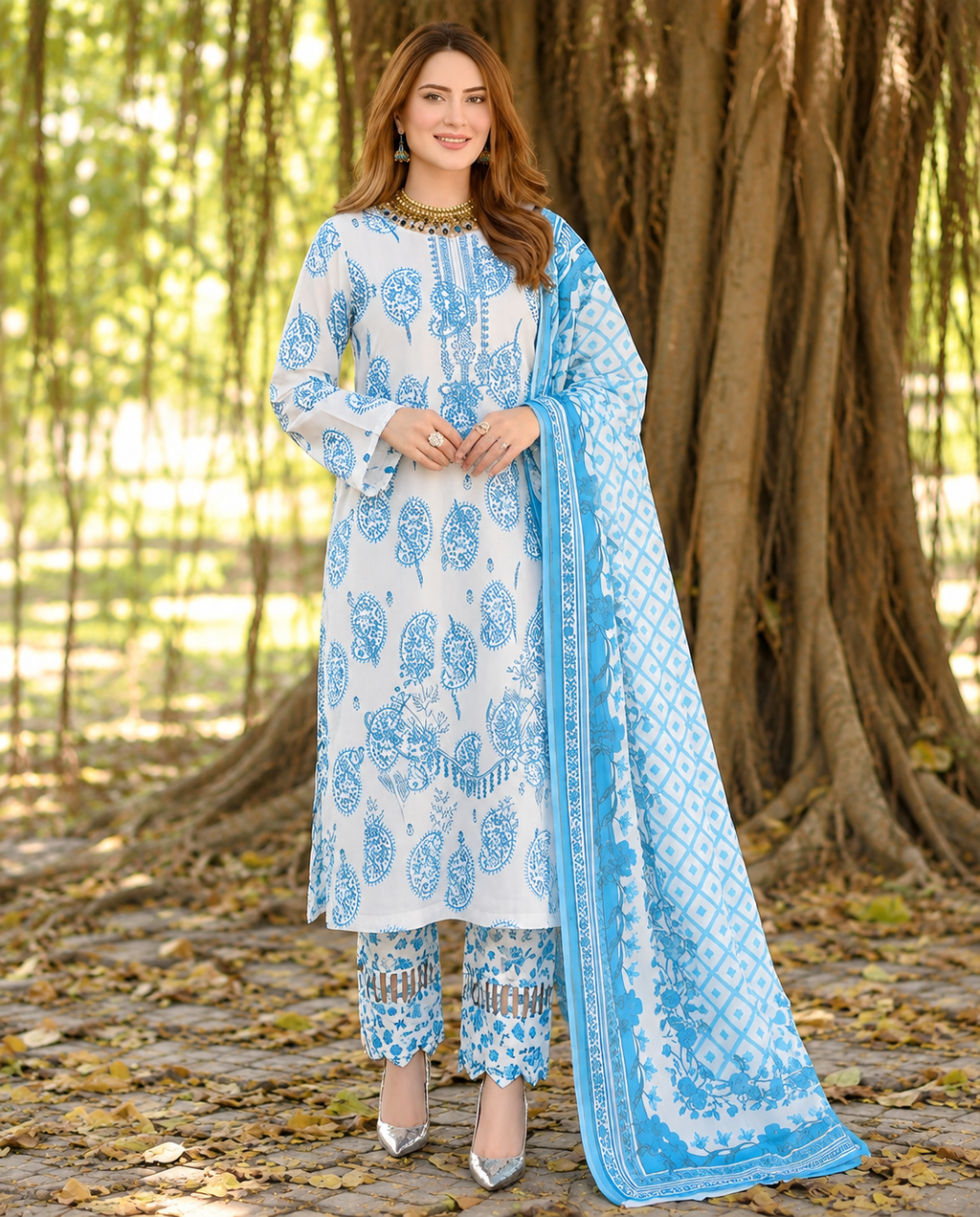 MARIA.B. M.Prints – A-02 | Elegant Blue & White Linen 3-Piece Suit