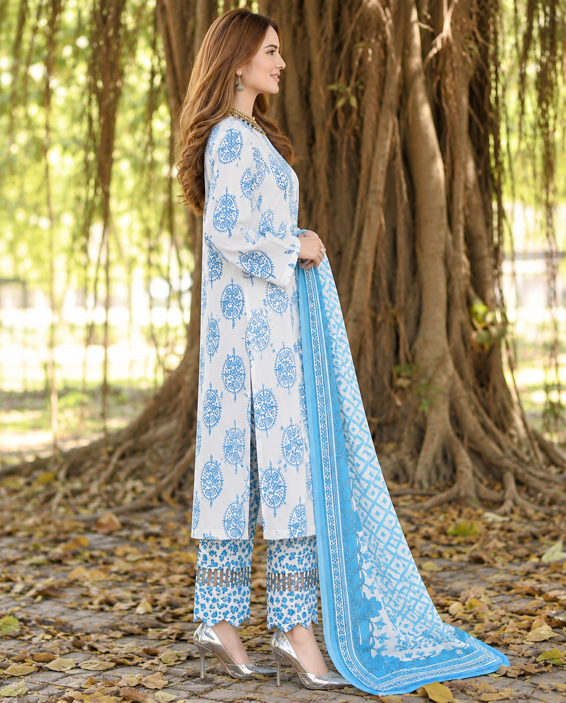 MARIA.B. M.Prints – A-02 | Elegant Blue & White Linen 3-Piece Suit