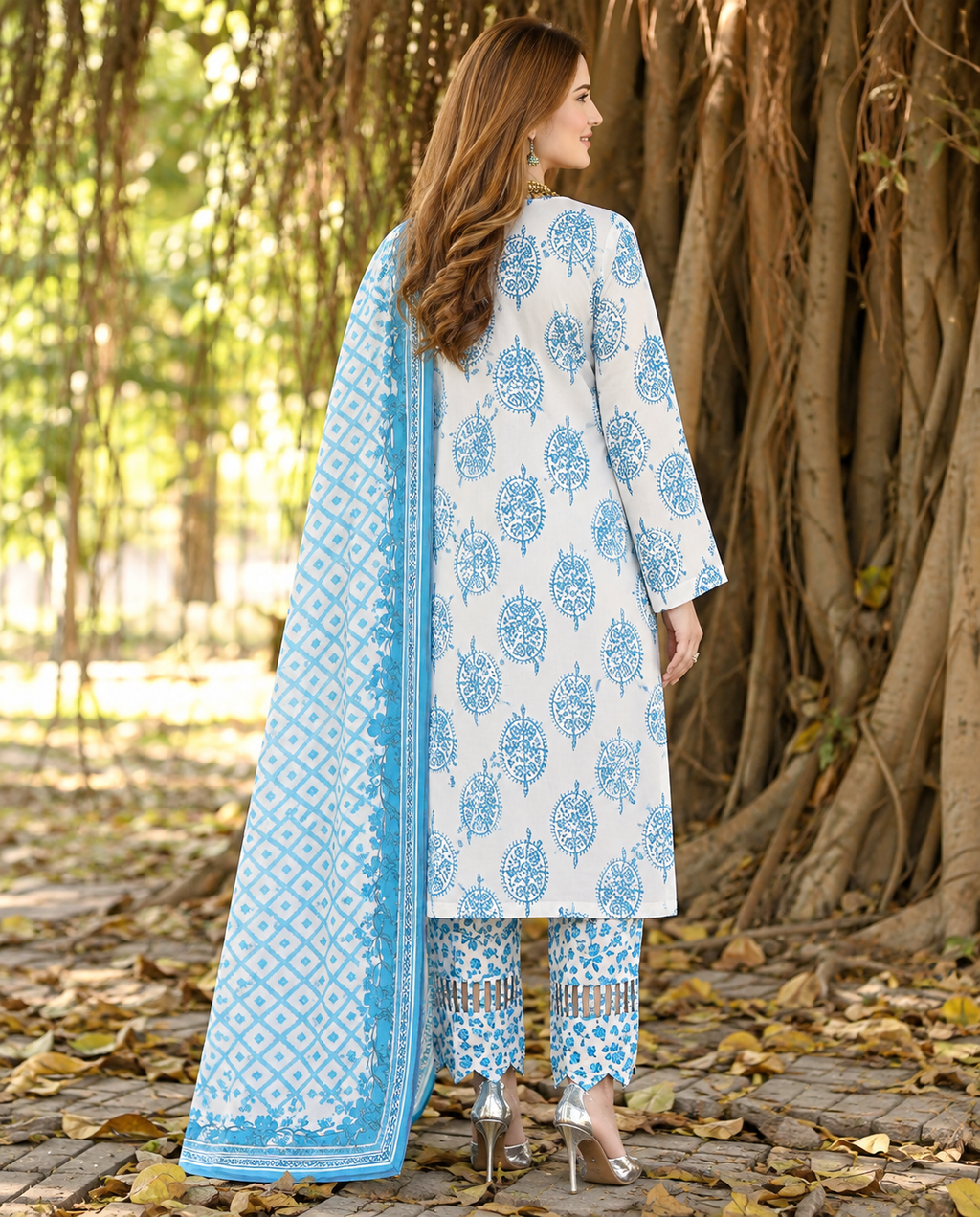 MARIA.B. M.Prints – A-02 | Elegant Blue & White Linen 3-Piece Suit