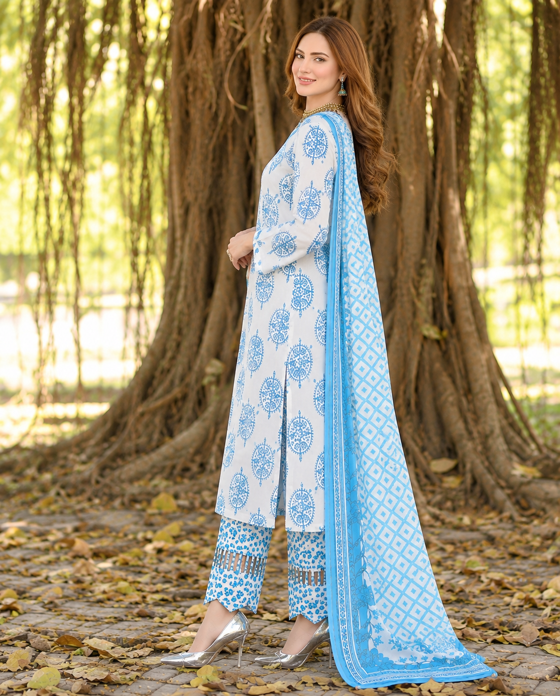 MARIA.B. M.Prints – A-02 | Elegant Blue & White Linen 3-Piece Suit