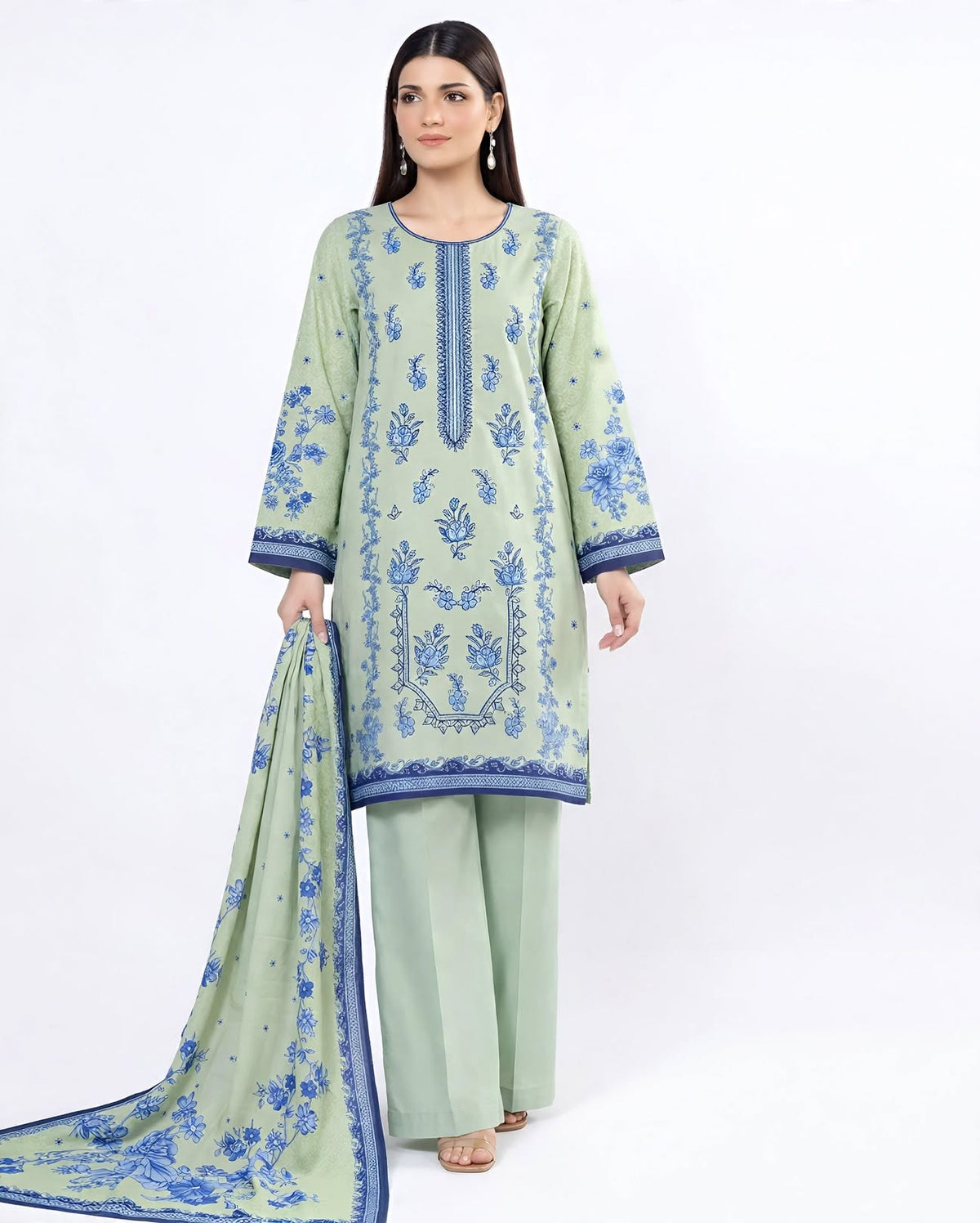 Cool & Classy - Light Green Linen with Blue Embroidery