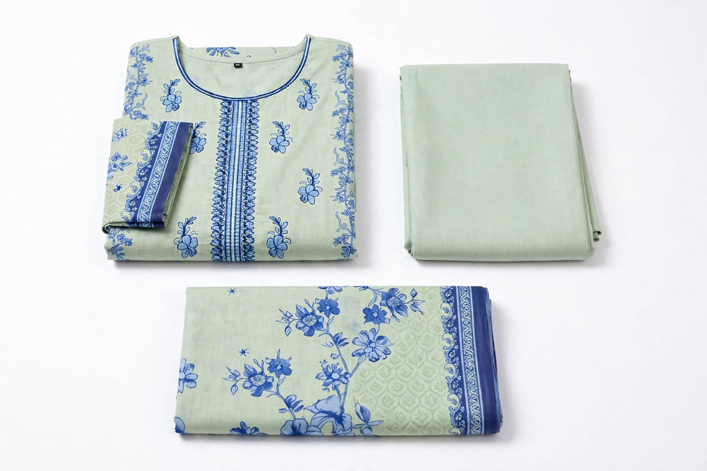 Cool & Classy - Light Green Linen with Blue Embroidery